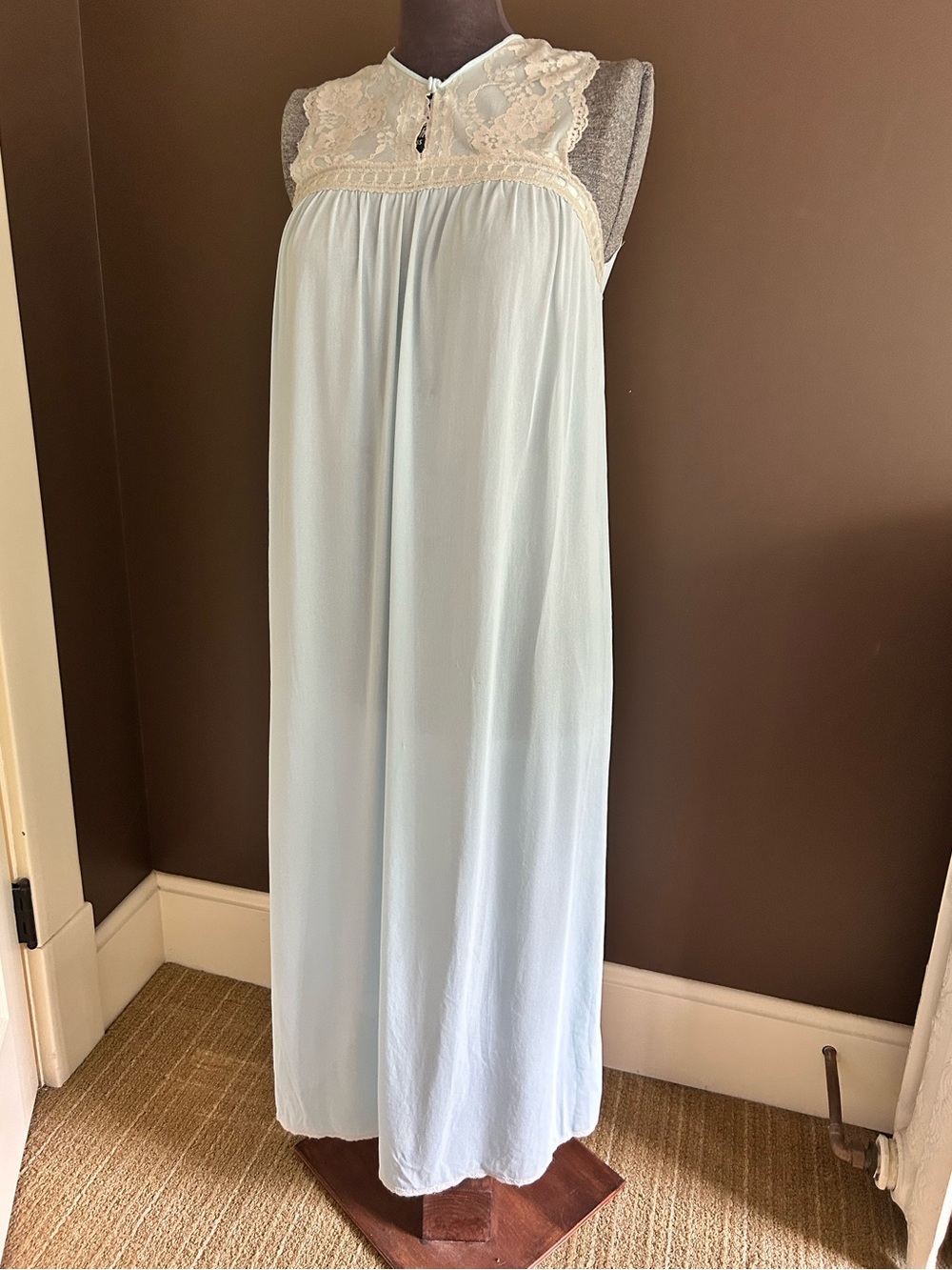 Slip Dress Sleeveless Lace-Yoke Maxi in Light Blue